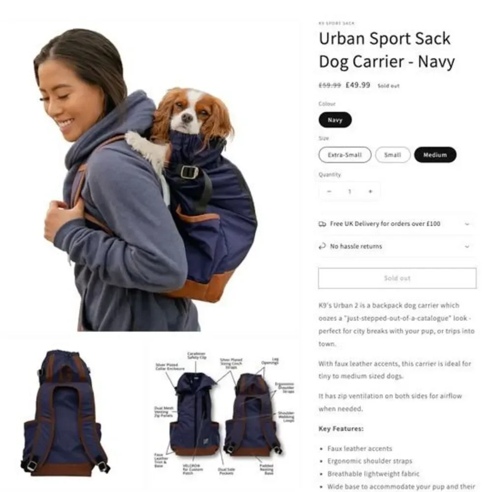 Urban Sport Sack Dog Carrier – Navy (Medium)